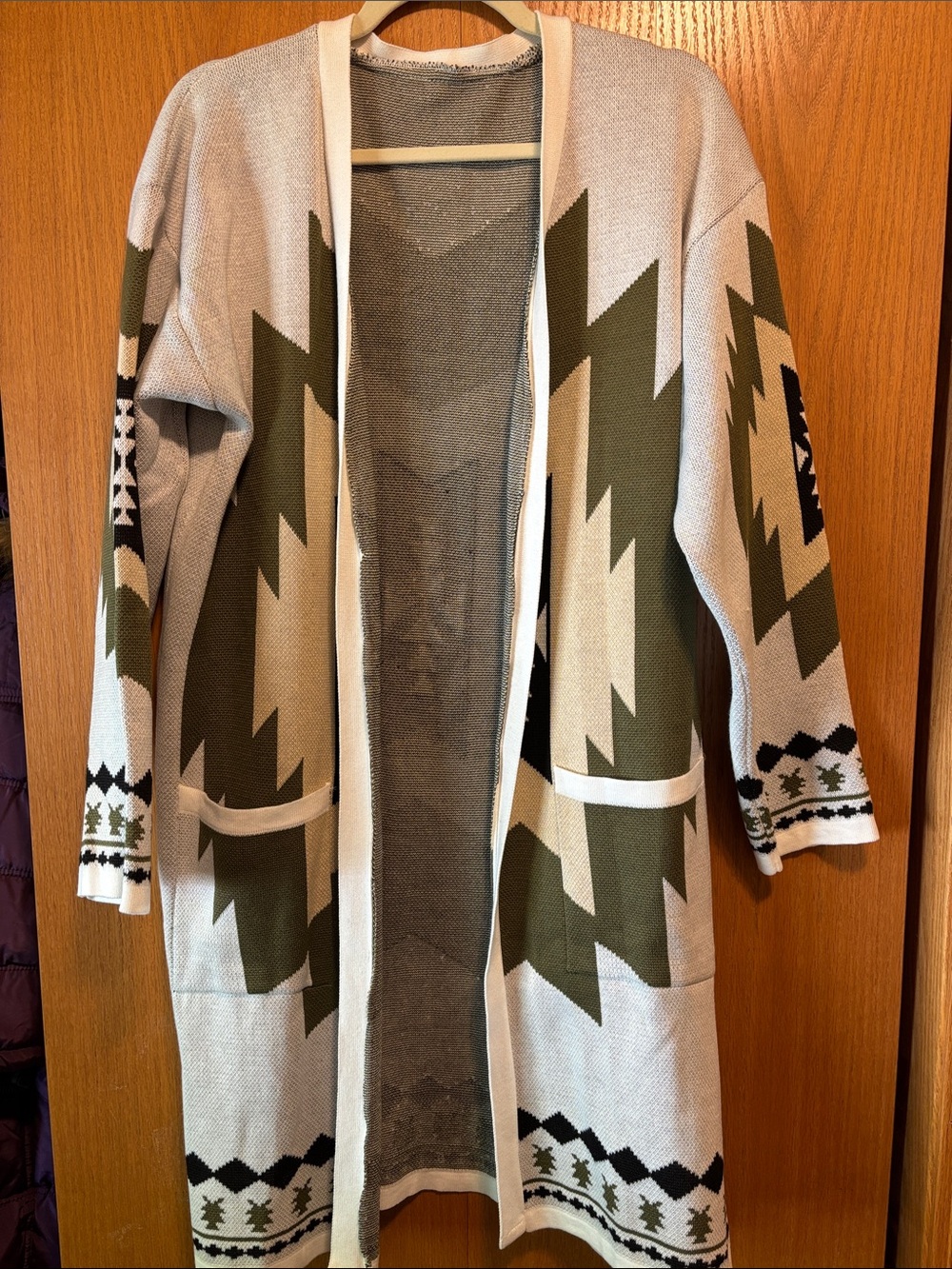 Open-Front Olive and Cream Geometric Knit Cardigan - Women